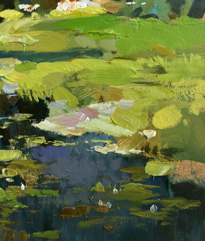 Textured oil painting of lily pads on dark water by Yuriy Suprunchuk