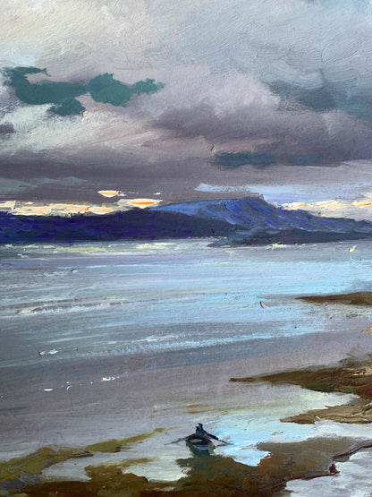 Moody oil painting by Yuriy Suprunchuk of lone figure in boat on calm river with distant mountains