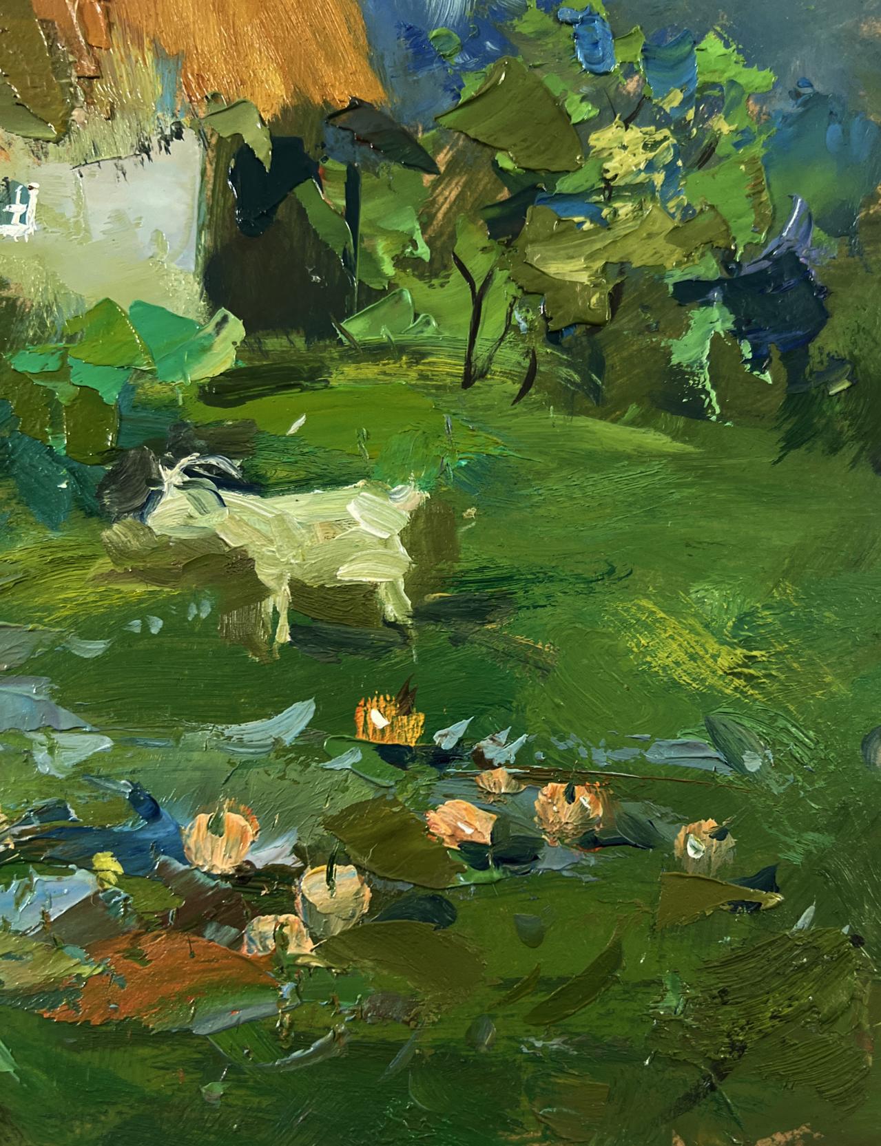 Oil painting of white goat with black horns in lush village field by Yuriy Suprunchuk