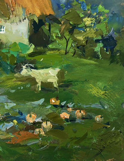 Oil painting of white goat with black horns in lush village field by Yuriy Suprunchuk