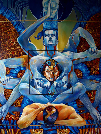 Surreal multi-armed figure with blue gold headpiece in Ashwattha oil painting by Konsta G. Amelinn