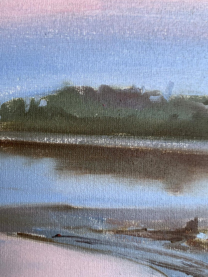 Oil painting Flooded river bank by Tatyana Derdey, pastel landscape on canvas