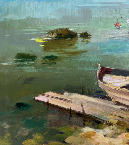 Oil painting of weathered wooden boat in harbor at foot of hills by Yuriy Suprunchuk
