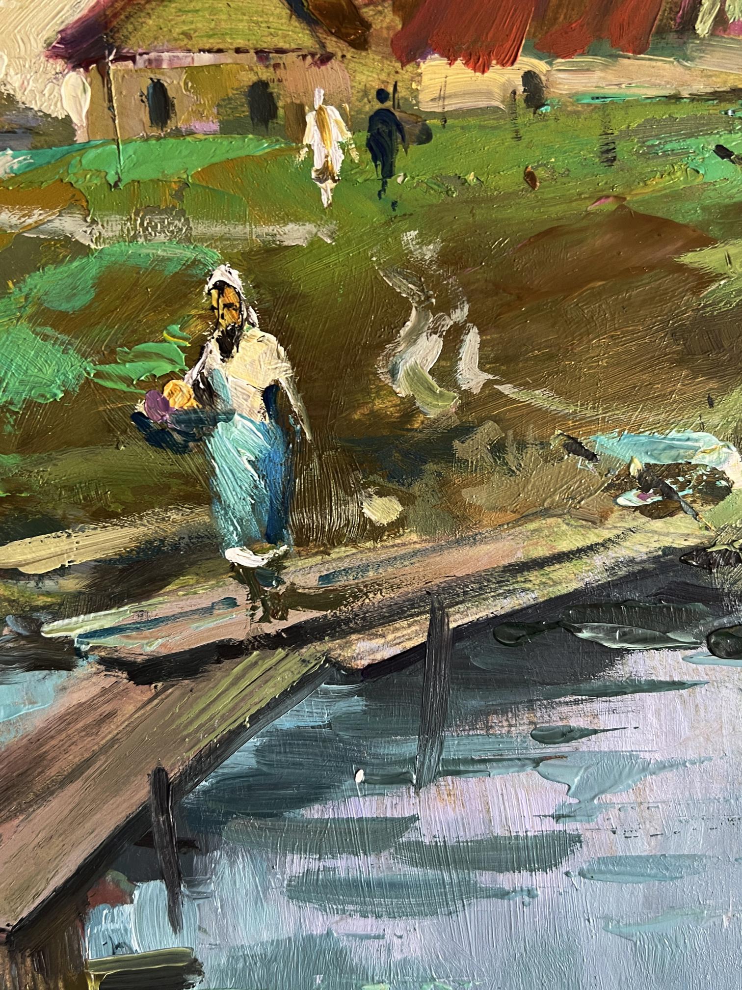 Impressionistic oil painting of village river, woman in blue dress on bridge by Yuriy Suprunchuk