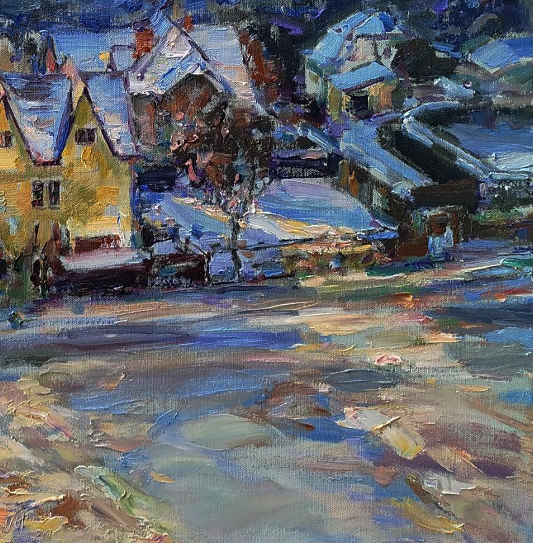Vibrant impressionist oil painting by Leonid Pavlenko of snowy village