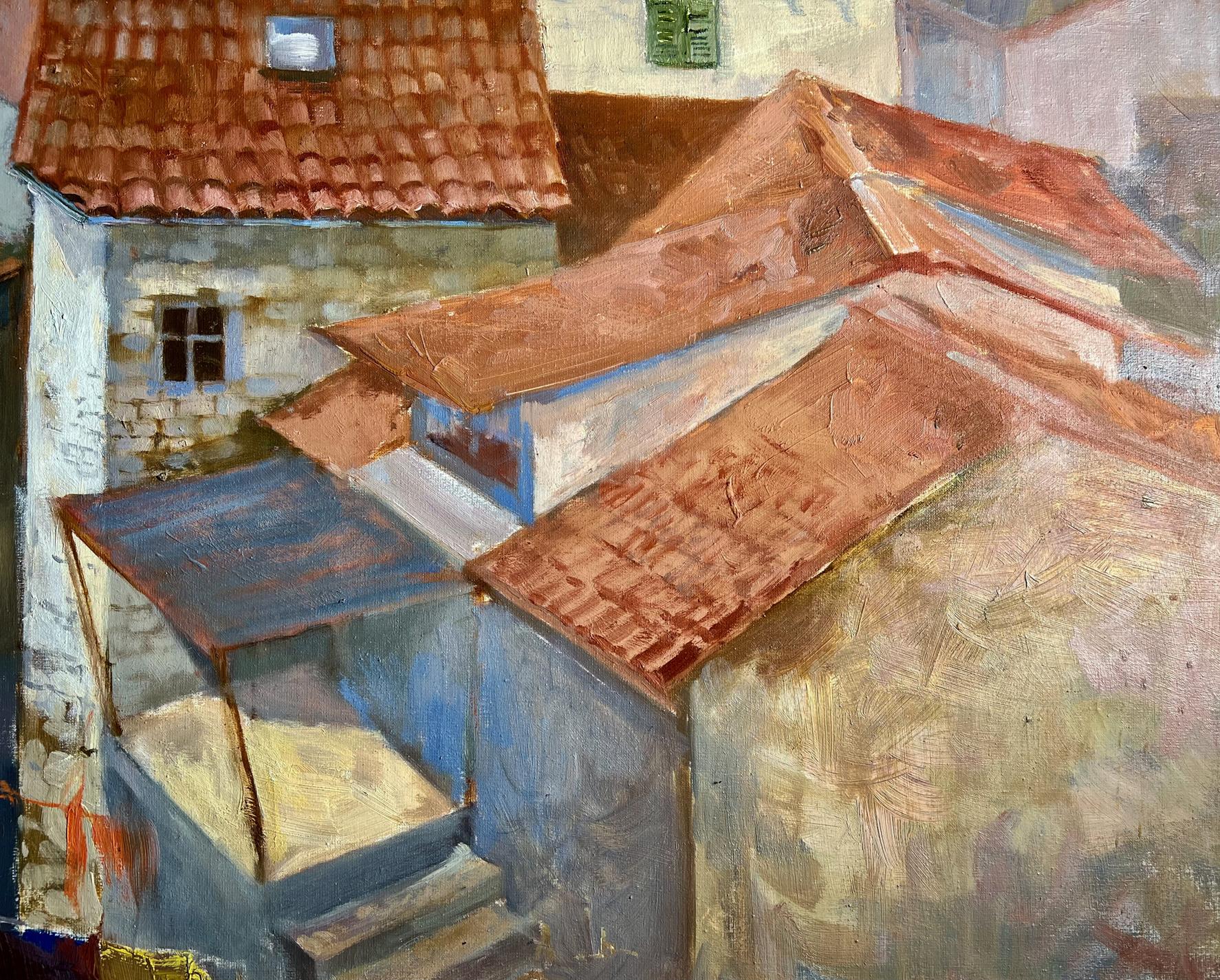 Oil painting Streets of the town Tatyana Derdey: terracotta roofs on stone buildings
