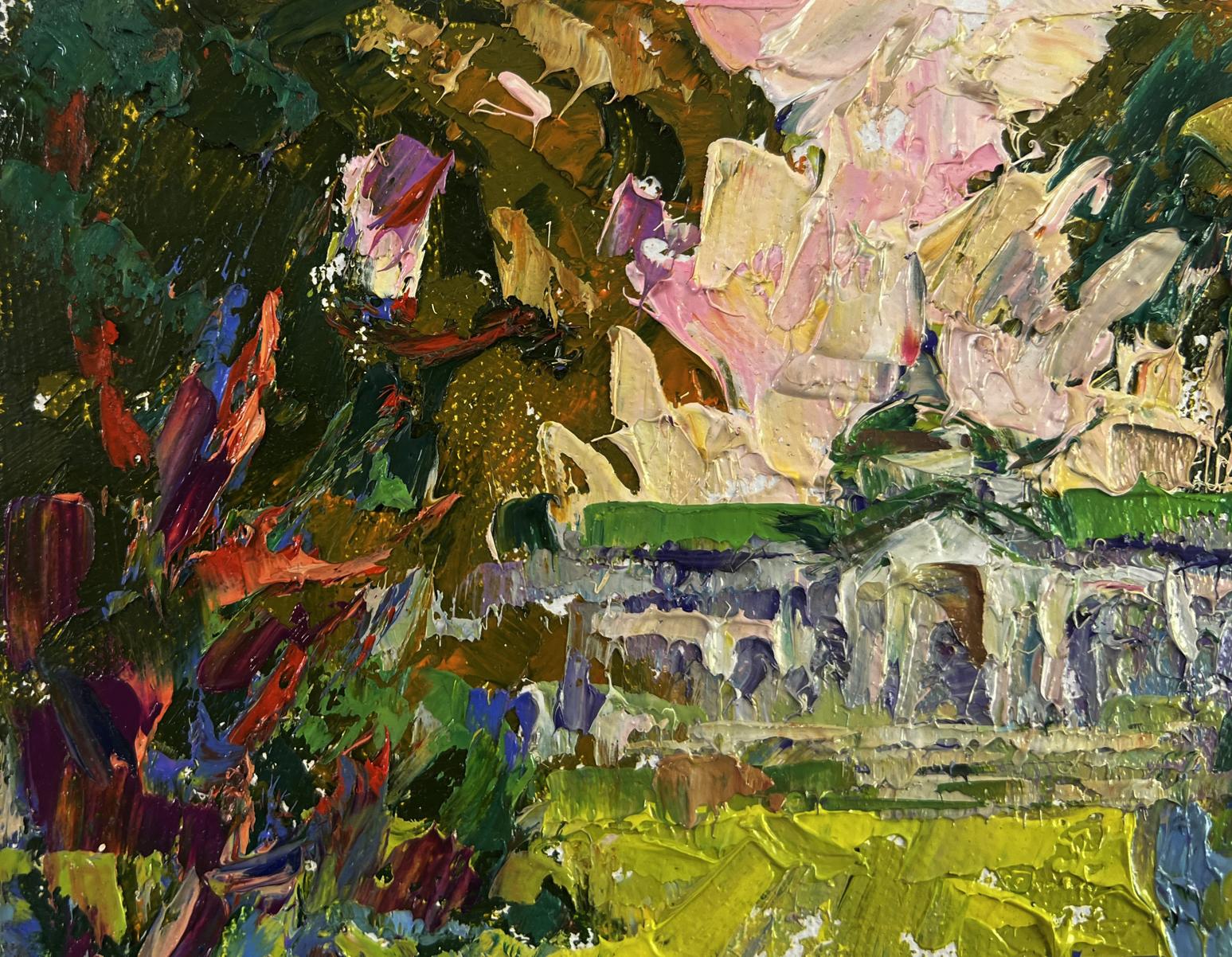 Oil painting Peace of the Park by Oleksiy Ivanyuk vibrant green pink yellow park scene