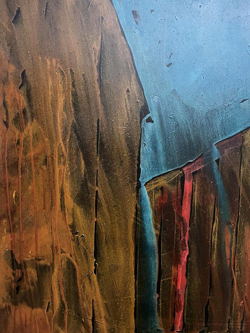 Oil painting Movement by Serhiy Kovalev: earthy brown rust tones, blue sky, red streaks
