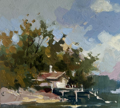 Textured oil painting of rustic house by Yuriy Suprunchuk among autumn trees