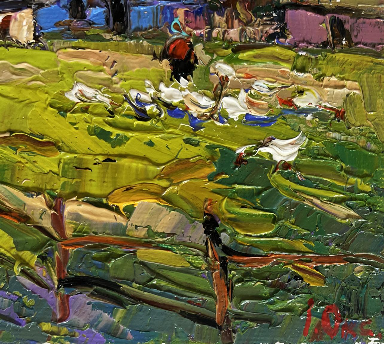 Vibrant impressionist oil painting by Oksana Ivanyuk of green field with ducks