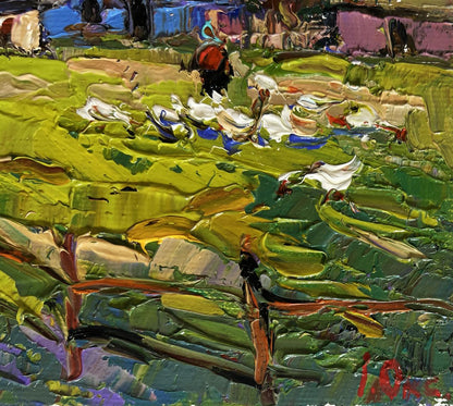 Vibrant impressionist oil painting by Oksana Ivanyuk of green field with ducks