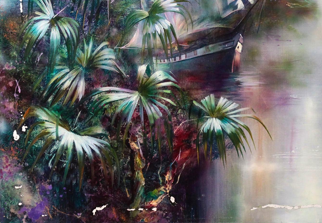 Oil painting Tropical motif by Alexander Dobrodiy: lush green palms, dark boat on misty water