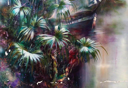 Oil painting Tropical motif by Alexander Dobrodiy: lush green palms, dark boat on misty water