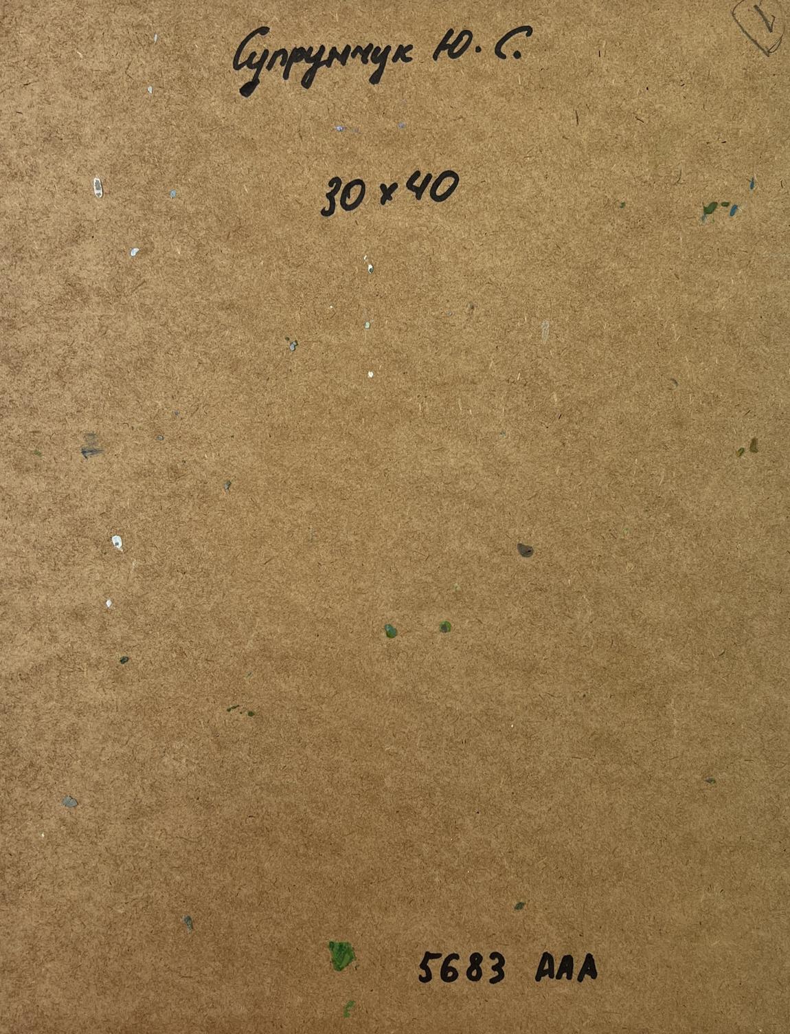 Back of Yuriy Suprunchuk oil painting Boat on the shore with handwritten Cyrillic text and measurements on brown cardboard