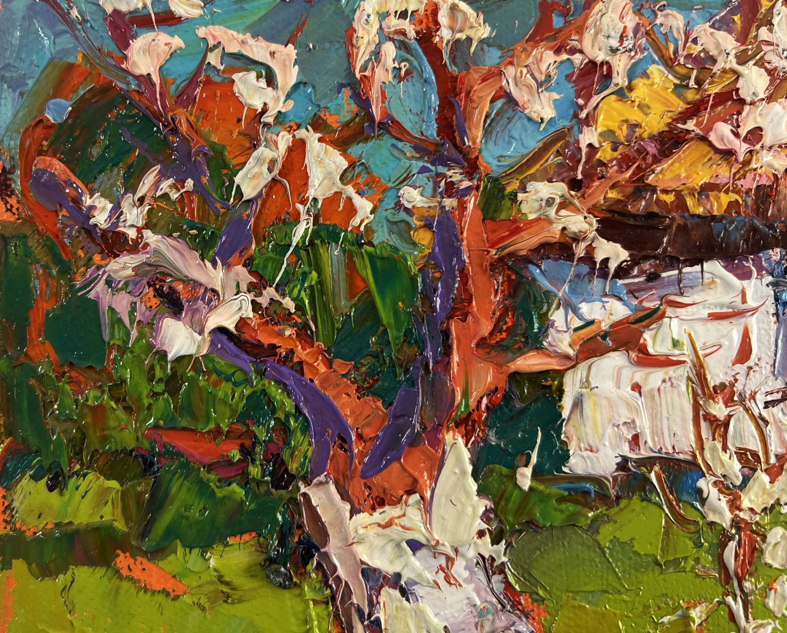 Vibrant impasto oil painting Quiet Comfort Beneath the Spreading Tree by Oksana Ivanyuk