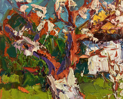 Vibrant impasto oil painting Quiet Comfort Beneath the Spreading Tree by Oksana Ivanyuk
