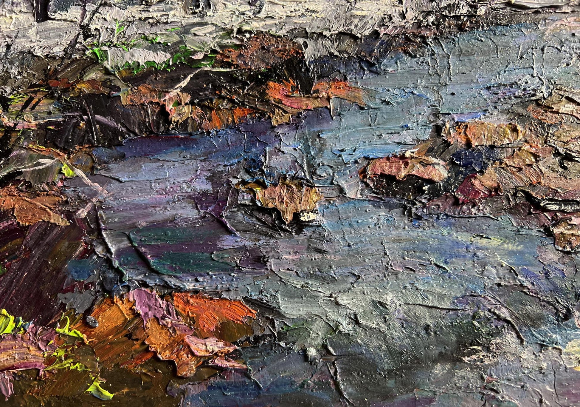 Oil painting Magical Winter by Boris Serdyuk, textured impasto grays and blues