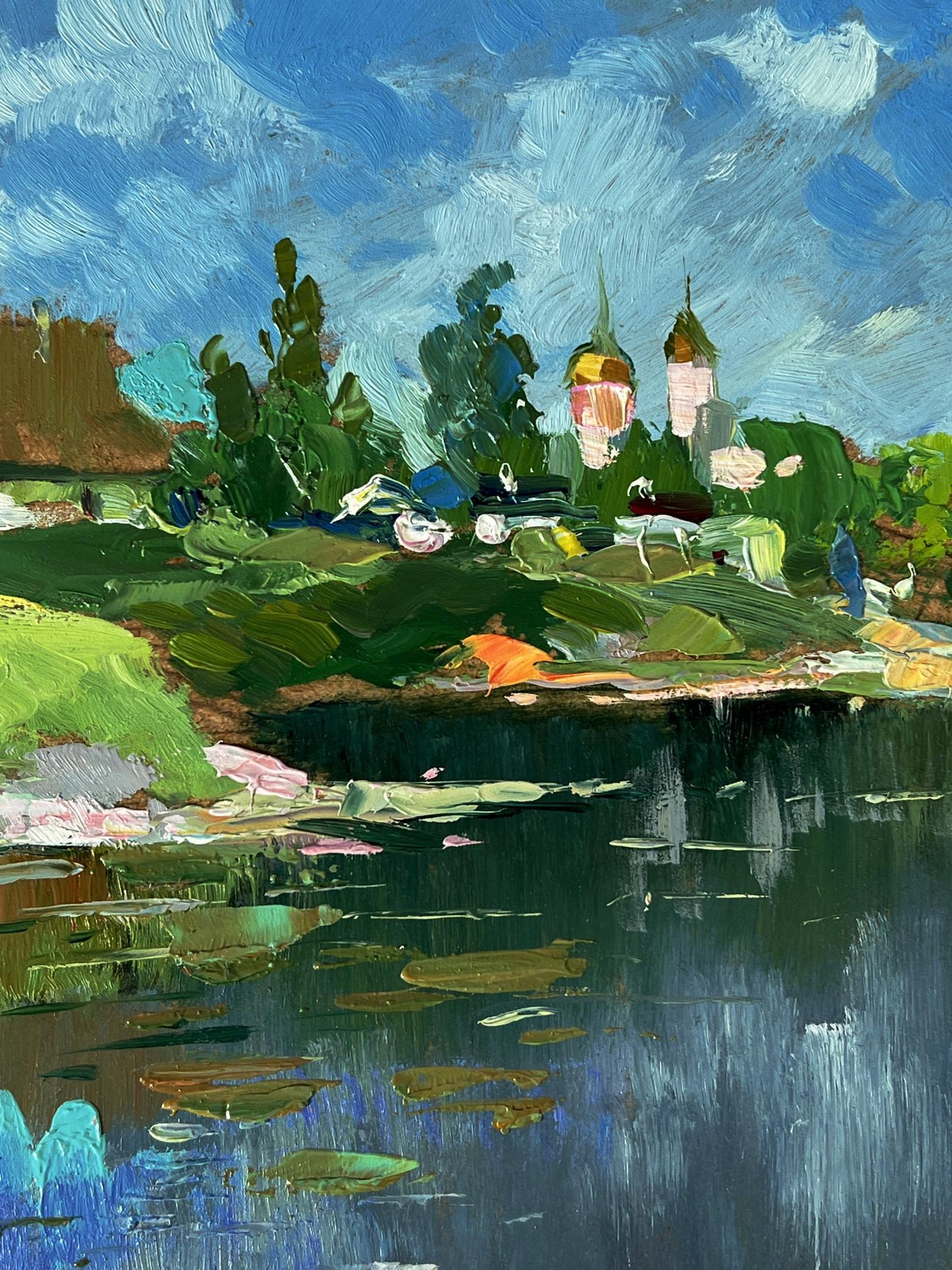 Vibrant impressionist oil painting of river near Yuriy Suprunchuk village