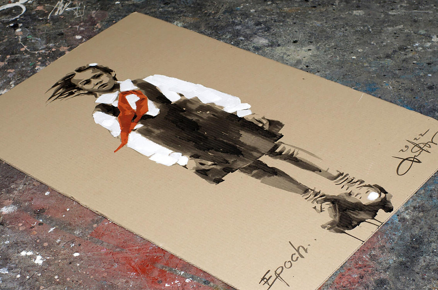 Stencil graffiti girl in school uniform with orange ribbon by Dima Filatov