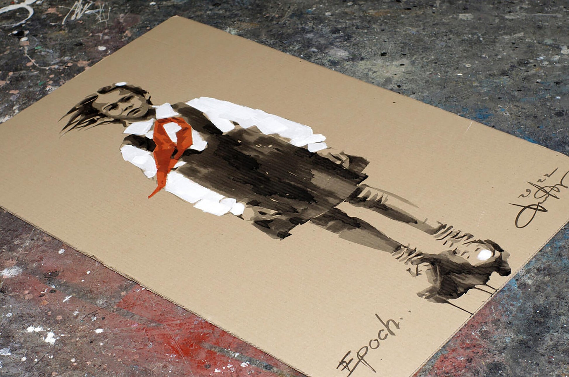 Stencil graffiti girl in school uniform with orange ribbon by Dima Filatov