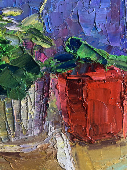 Oil painting Flowers on the windowsill by Boris Serdyuk, red vase with foliage