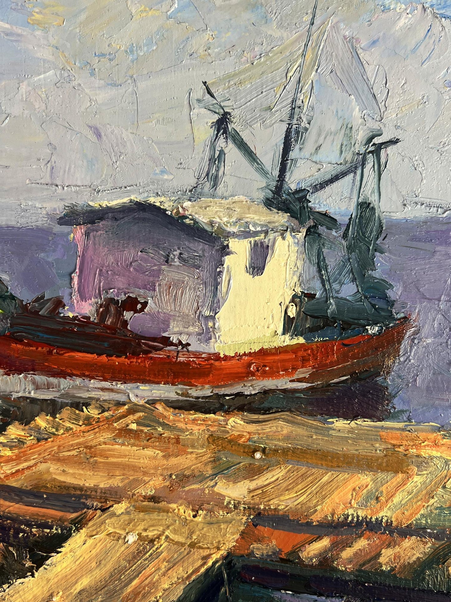 Oil painting Departure by river ferry Boris Serdyuk textured fishing boat