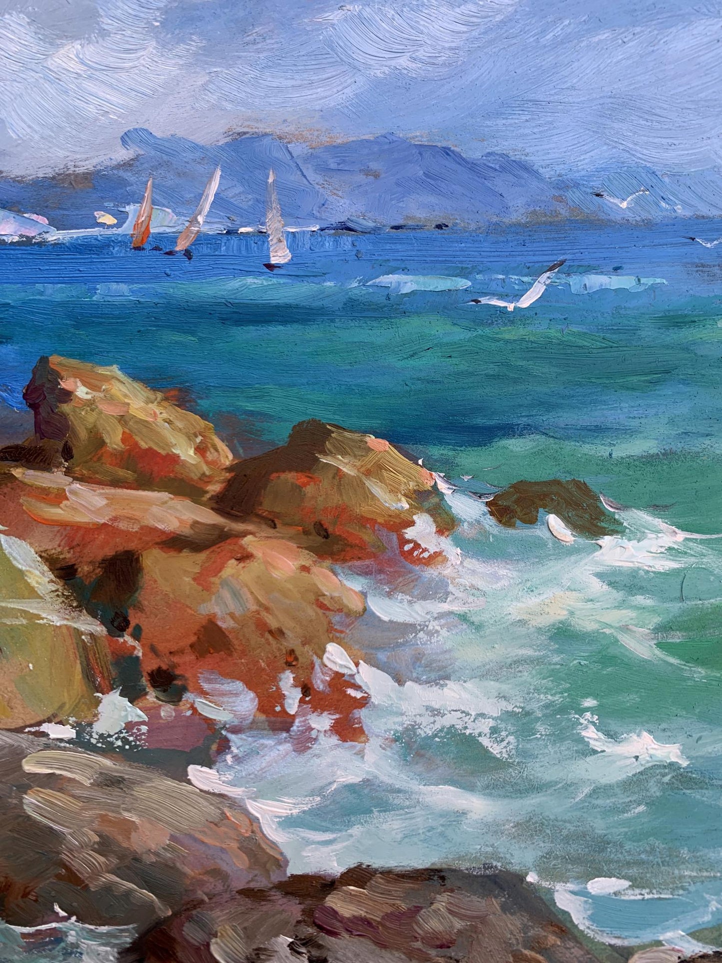 Vibrant impressionist oil painting by Yuriy Suprunchuk of turquoise waves crashing on rocks