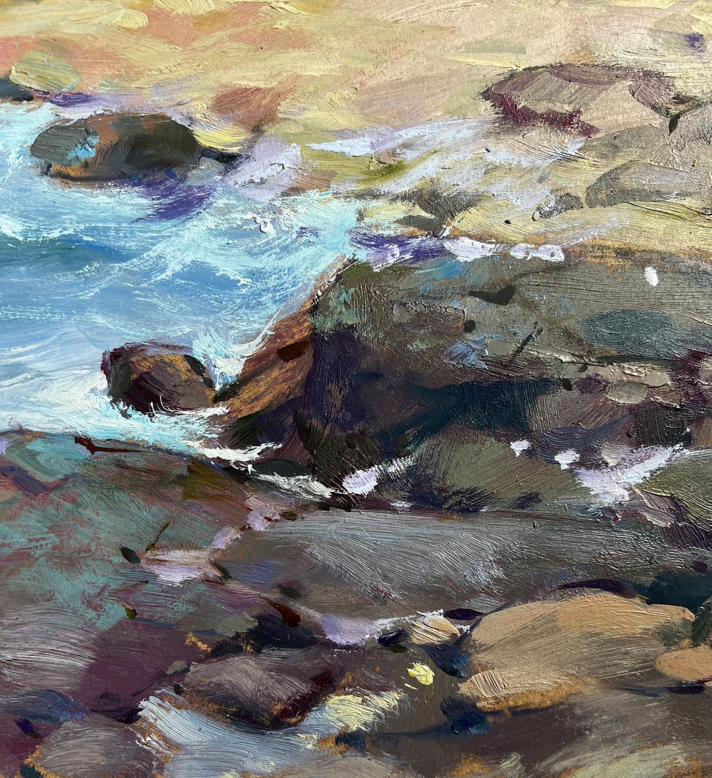 Oil painting Freedom over the sea by Yuriy Suprunchuk, rugged coast rocks and waves