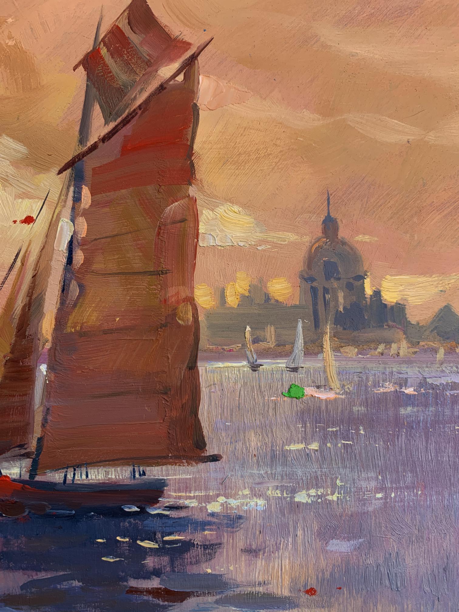 Oil painting of vibrant red sailboat evening sailing at sea by Yuriy Suprunchuk