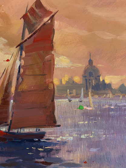 Oil painting of vibrant red sailboat evening sailing at sea by Yuriy Suprunchuk