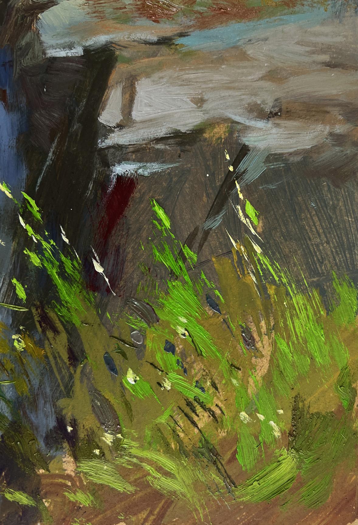 Oil painting of mountain waterfall by Yuriy Suprunchuk in green, brown, gray, red