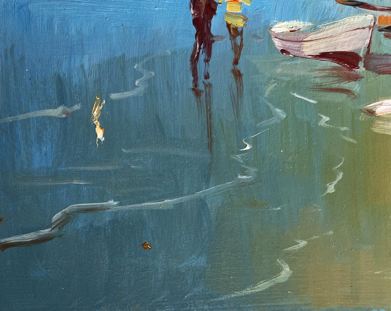 Oil painting Warm days at sea by Yuriy Suprunchuk: white boat on blue water