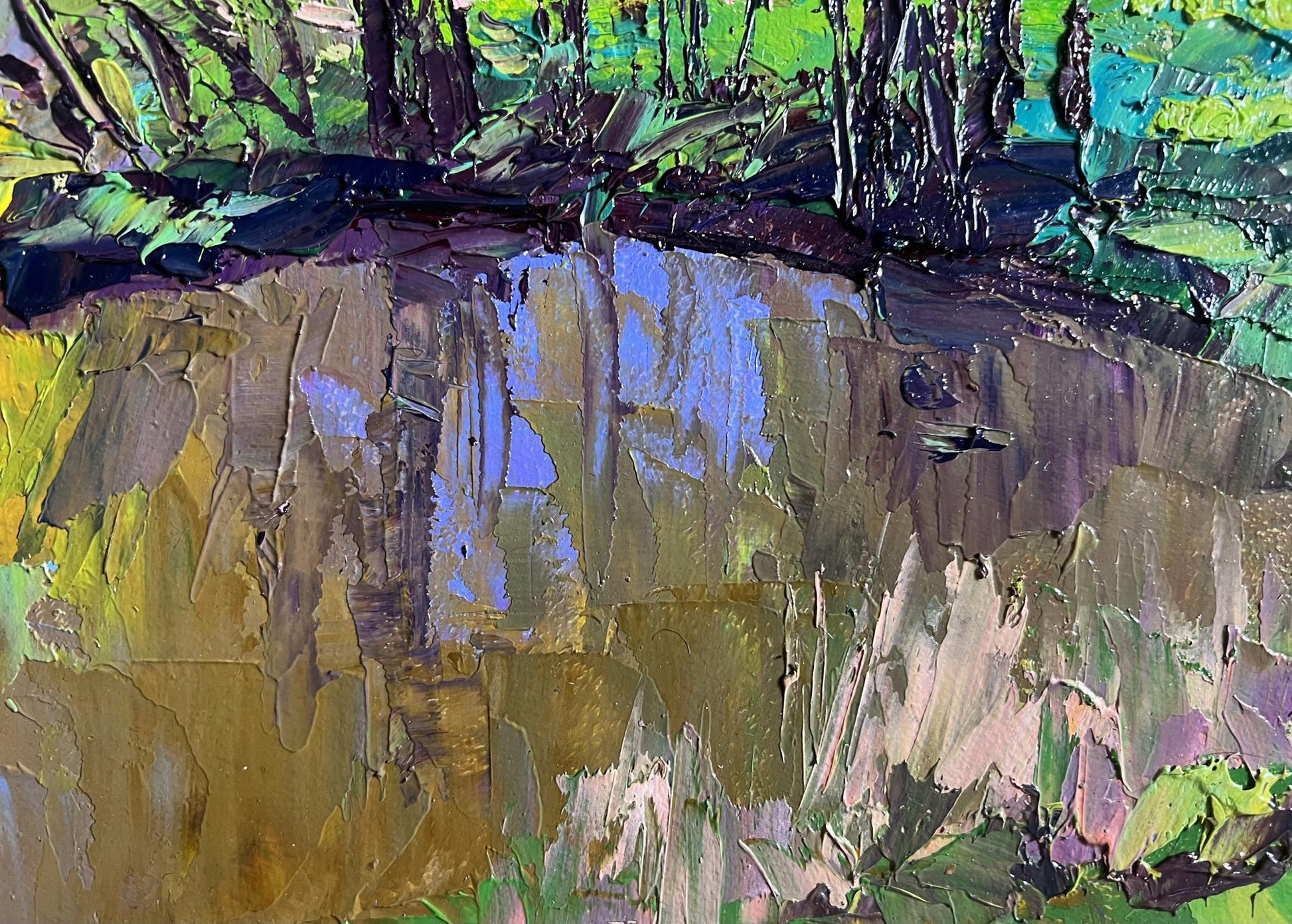 Oil painting Warm days of spring by Boris Serdyuk, textured forest cliffside