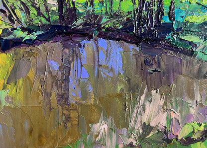 Oil painting Warm days of spring by Boris Serdyuk, textured forest cliffside