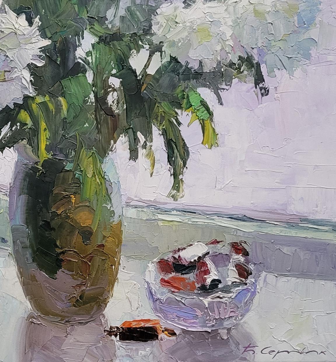 Oil painting Flowers on the window by Boris Serdyuk: textured green gold vase with white flowers