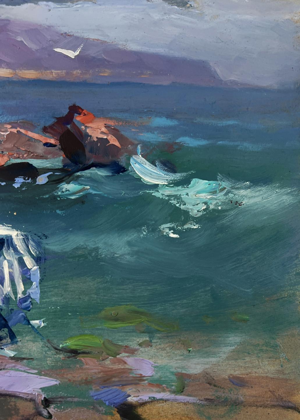 Oil painting by Yuriy Suprunchuk: fishermen pull nets in turbulent teal coastal scene
