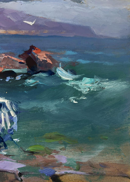 Oil painting by Yuriy Suprunchuk: fishermen pull nets in turbulent teal coastal scene
