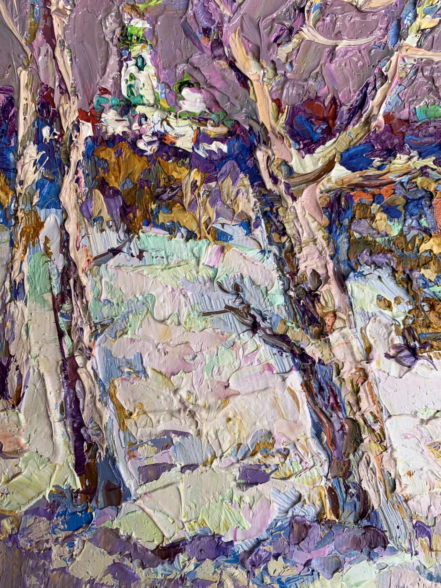 Oil painting The first snow fell by Oksana Ivanyuk with purple trees