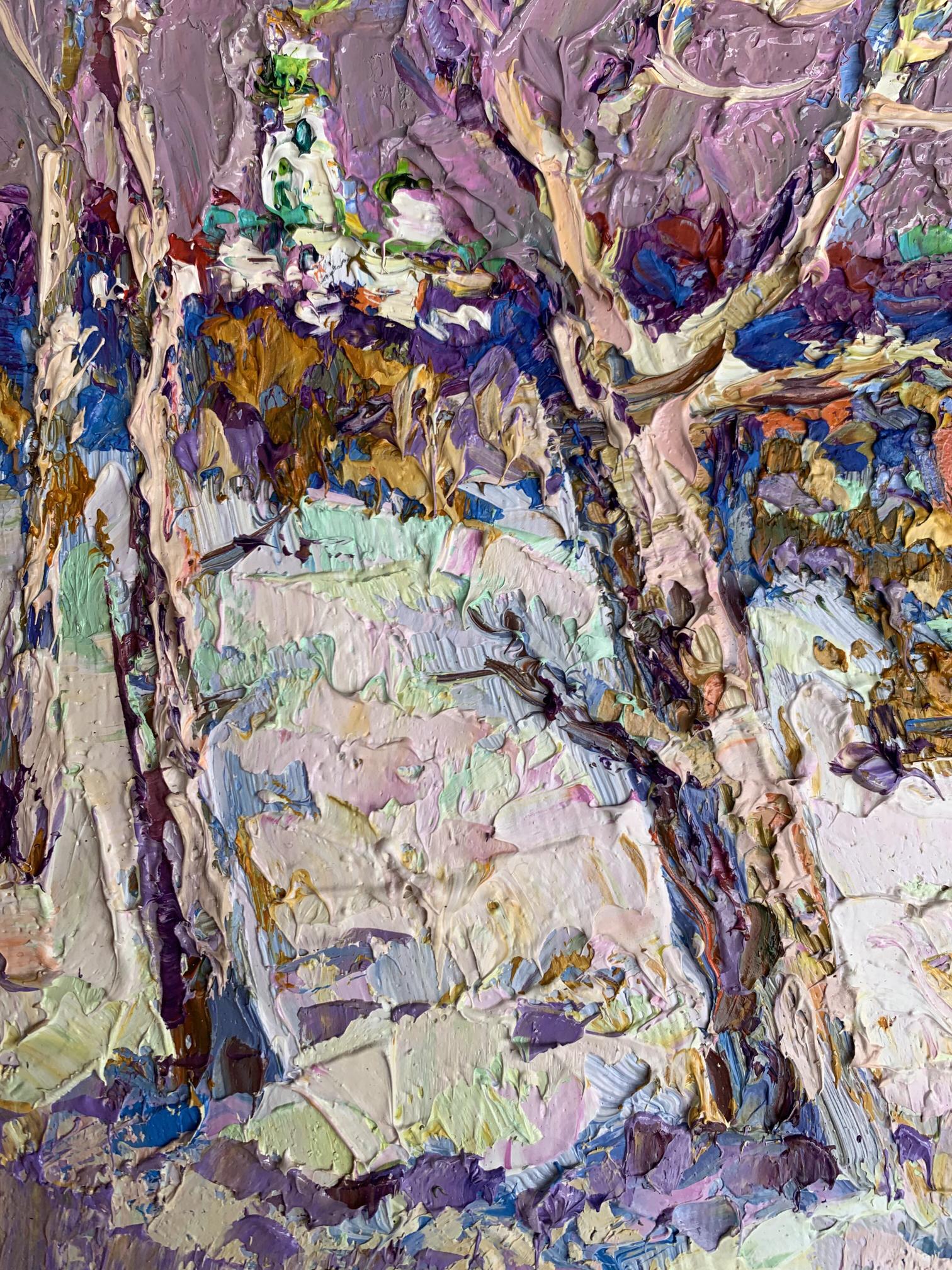 Oil painting The first snow fell by Oksana Ivanyuk with purple trees