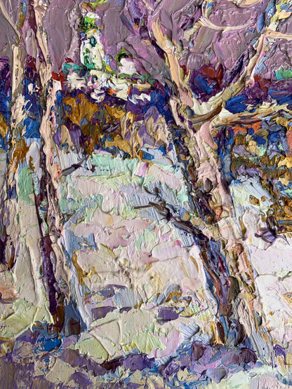 Oil painting The first snow fell by Oksana Ivanyuk with purple trees