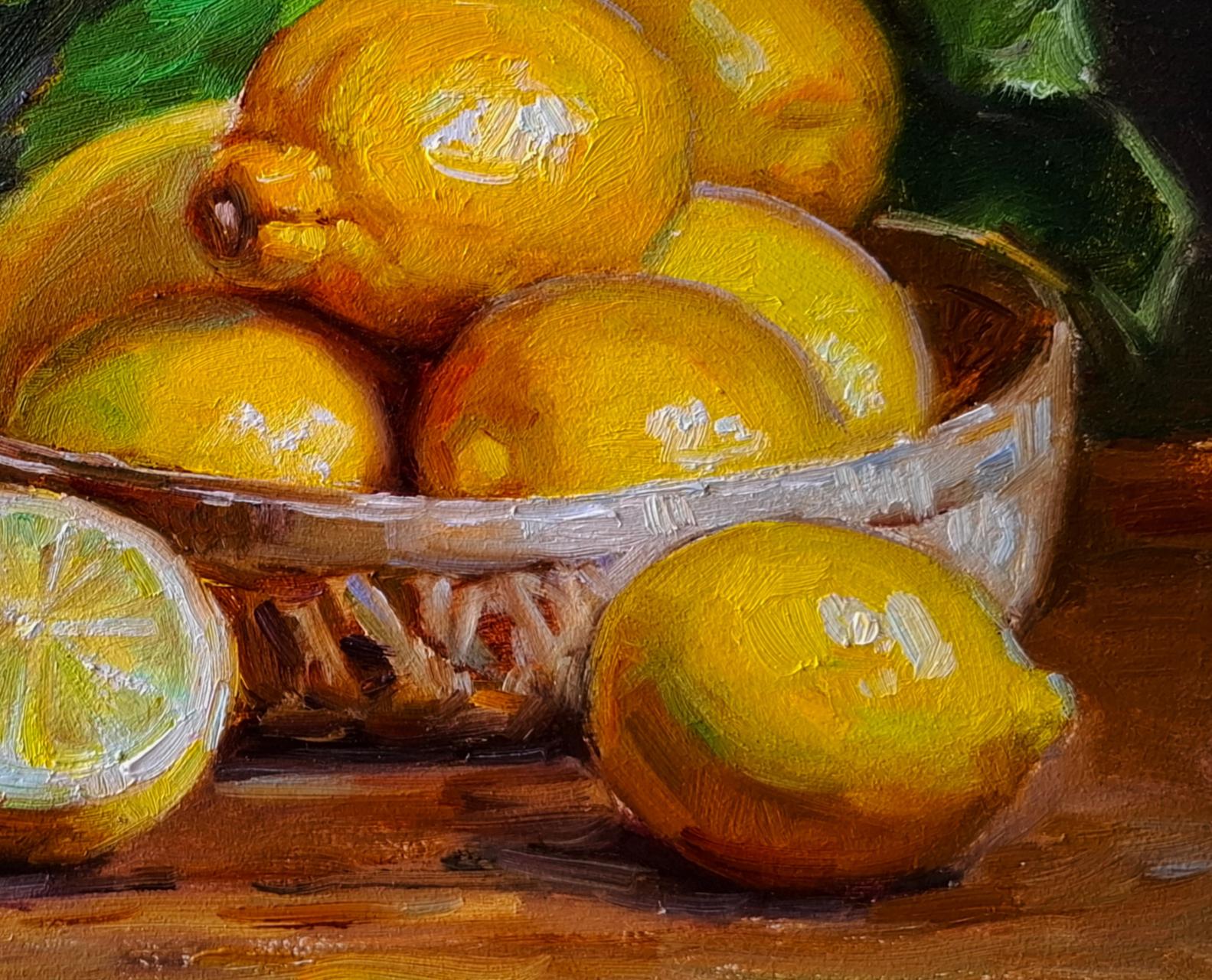 Oil painting Still life with lemons by Vyacheslav Pereta: rustic basket of yellow lemons