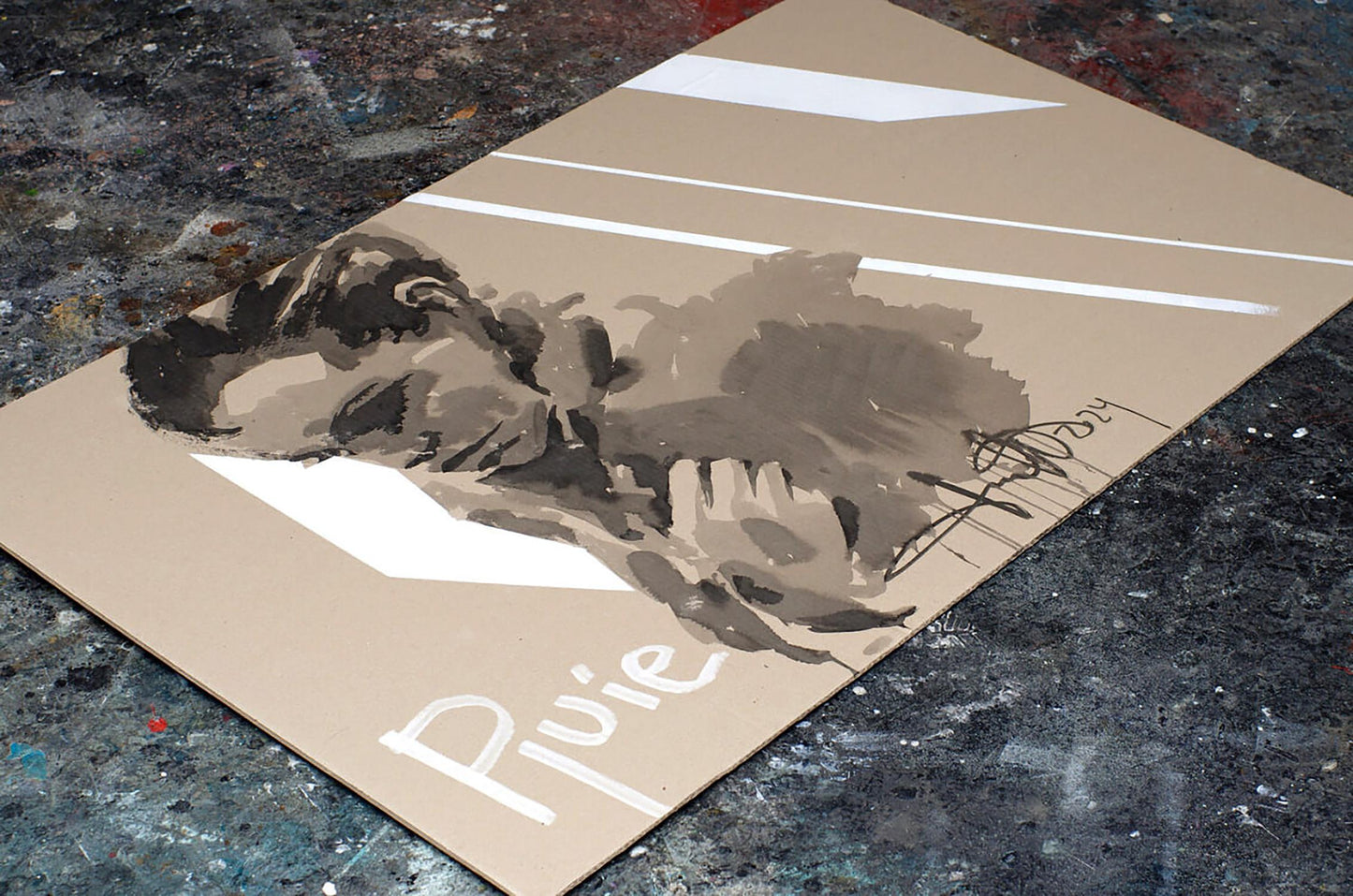 Sepia abstract portrait by Rain Dima Filatov with pujie on beige canvas