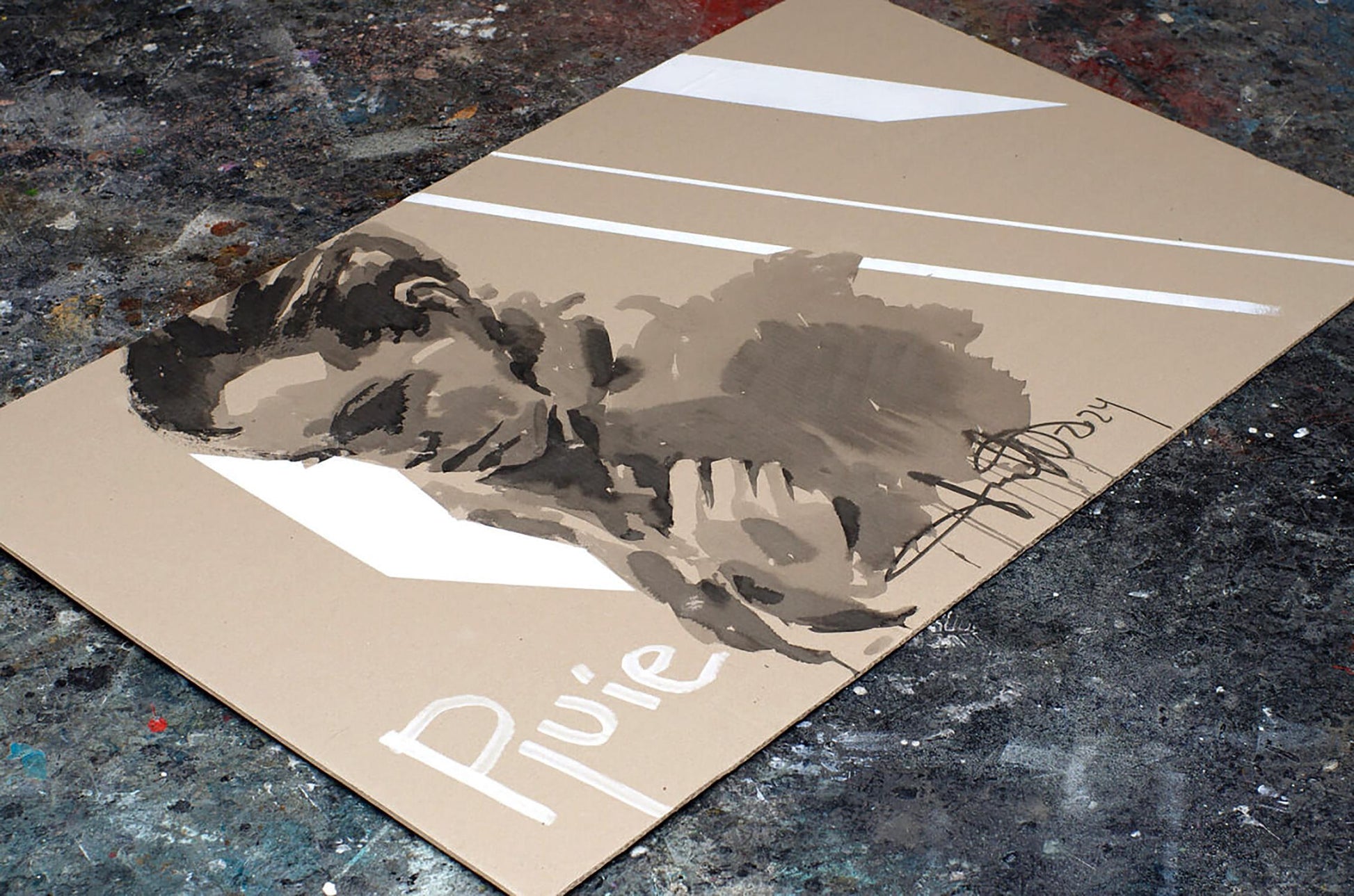 Sepia abstract portrait by Rain Dima Filatov with pujie on beige canvas