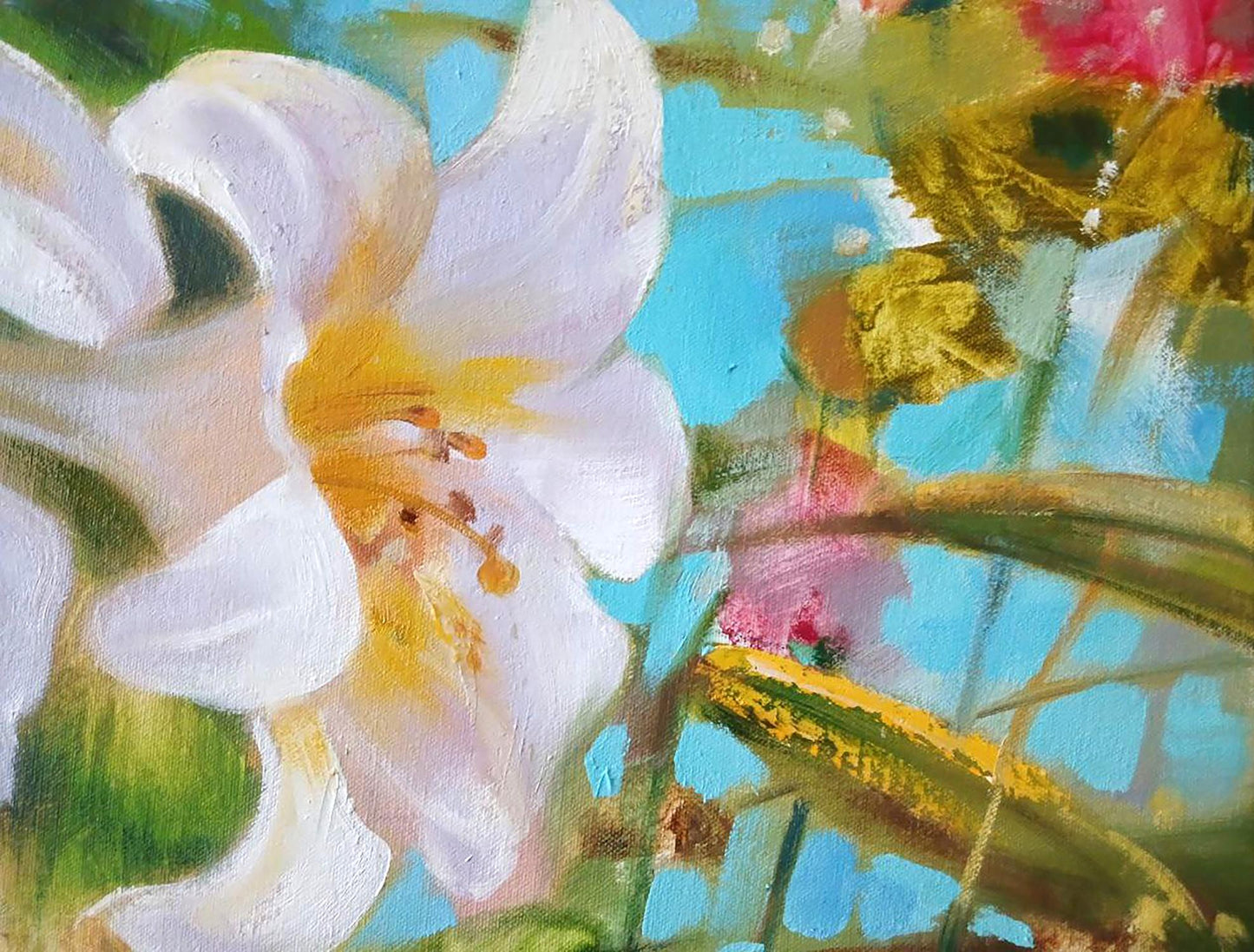 Abstract oil painting of vibrant white lily with golden center by Anatoly Tarabanov