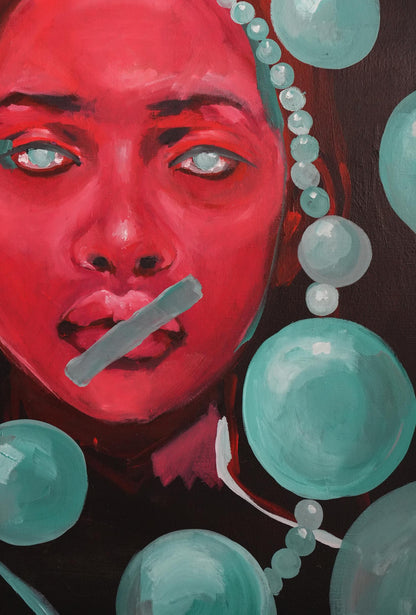 Vibrant red oil painting Enforced silence by Victoria Kagalovska with turquoise eyes