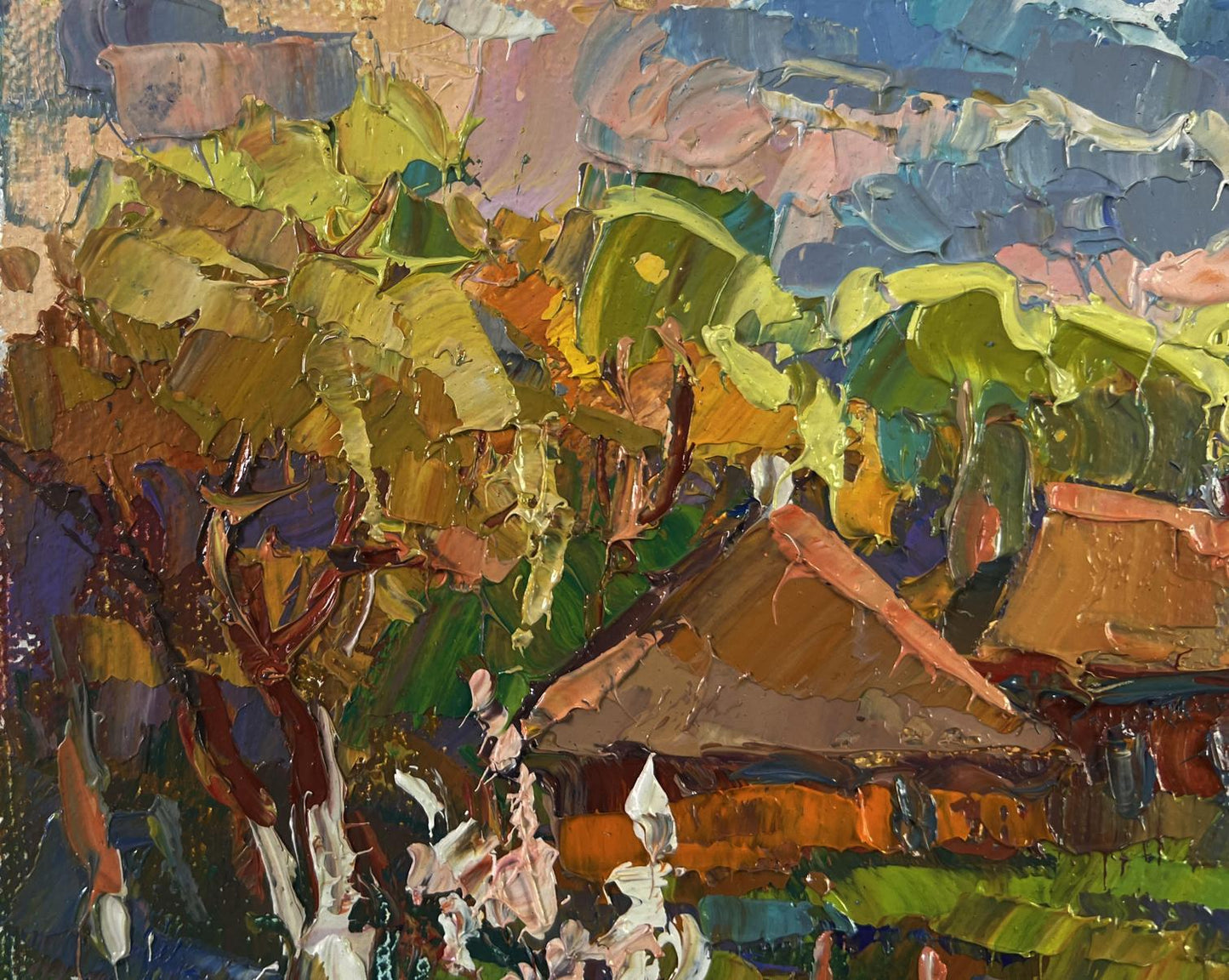 Vibrant impressionist oil painting by Oksana Ivanyuk with lush foliage and rustic structure