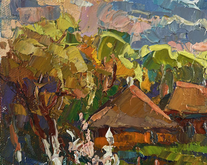 Vibrant impressionist oil painting by Oksana Ivanyuk with lush foliage and rustic structure