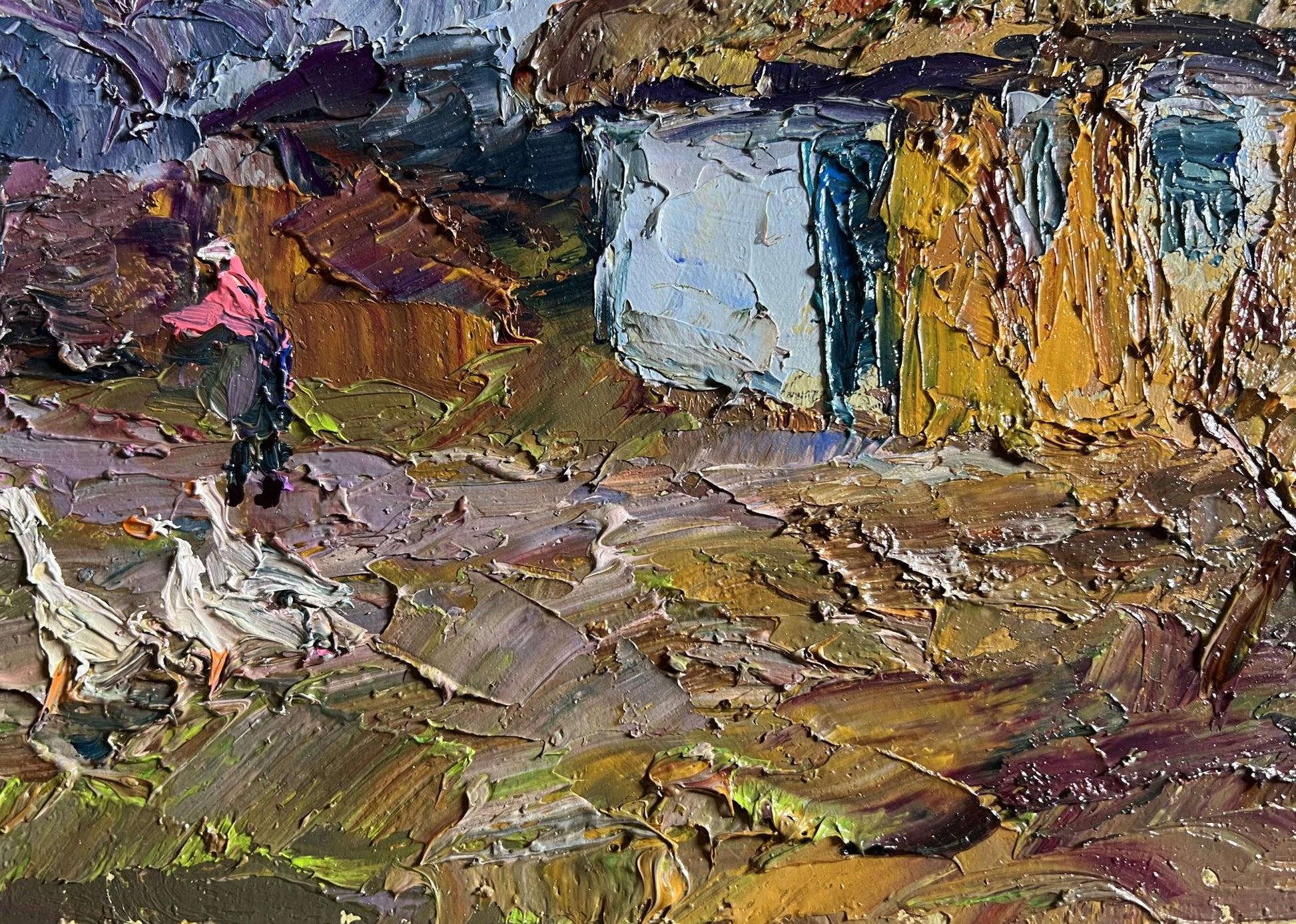 Oil painting Geese in the Yard by Boris Serdyuk, lone figure with geese