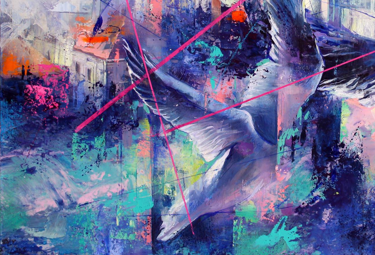 Oil painting Blue wind by Alexander Dobrodiy: gray winged figure on vibrant swirls