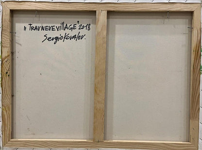 Back of wooden-framed canvas Travneve Village 2018 by Sergei Kovalov